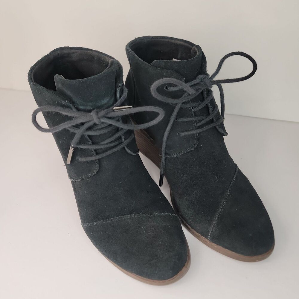 TOMS Black Suede Lace Up Wedge Ankle Boots Booties Womens Size 6